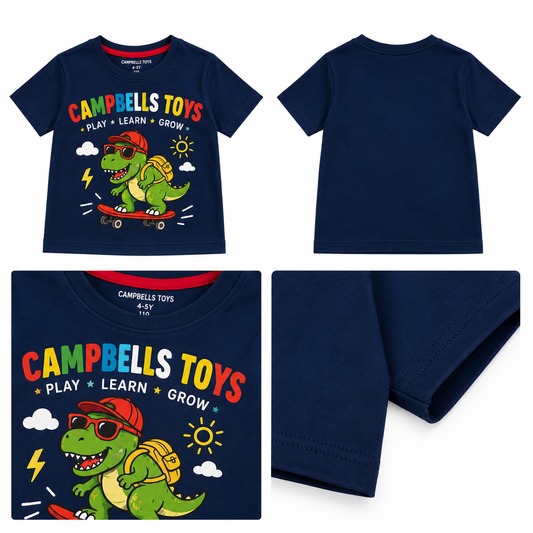 CAMPBELLS TOYS Kids Dinosaur Graphic T-Shirt – Navy Short Sleeve Cotton Tee